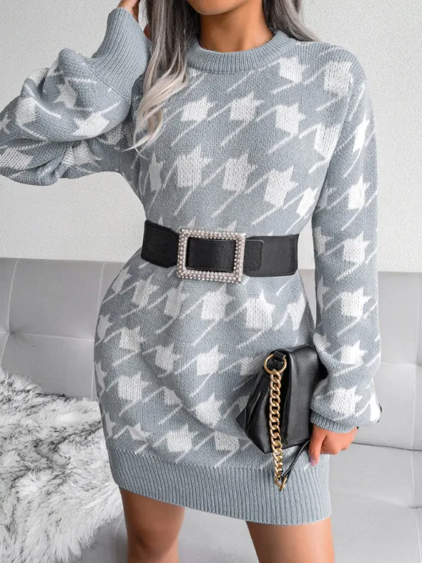BerryBetty - Women's leisure Lantern Sleeve thousand bird lattice knitted wool sweater dress