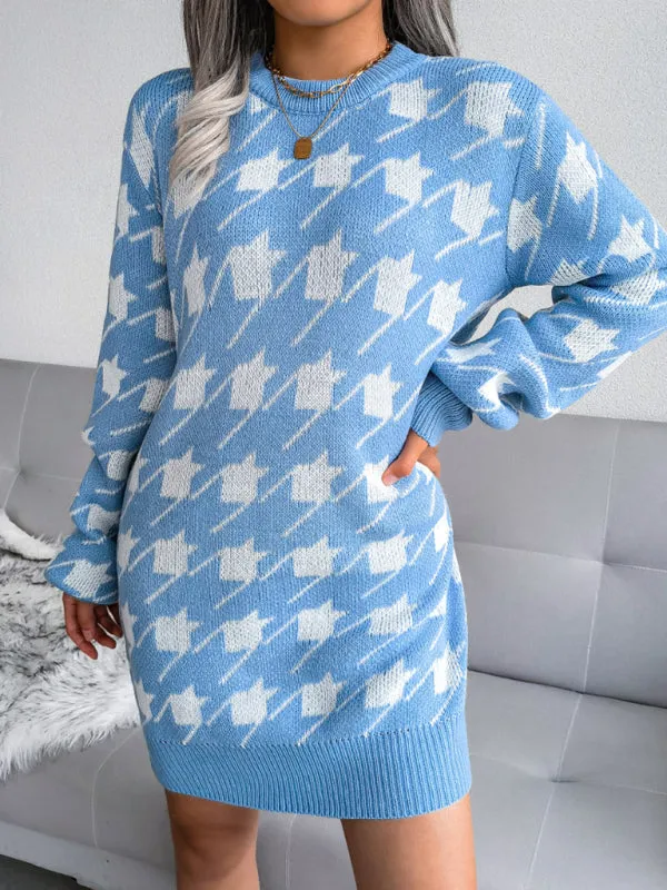 BerryBetty - Women's leisure Lantern Sleeve thousand bird lattice knitted wool sweater dress