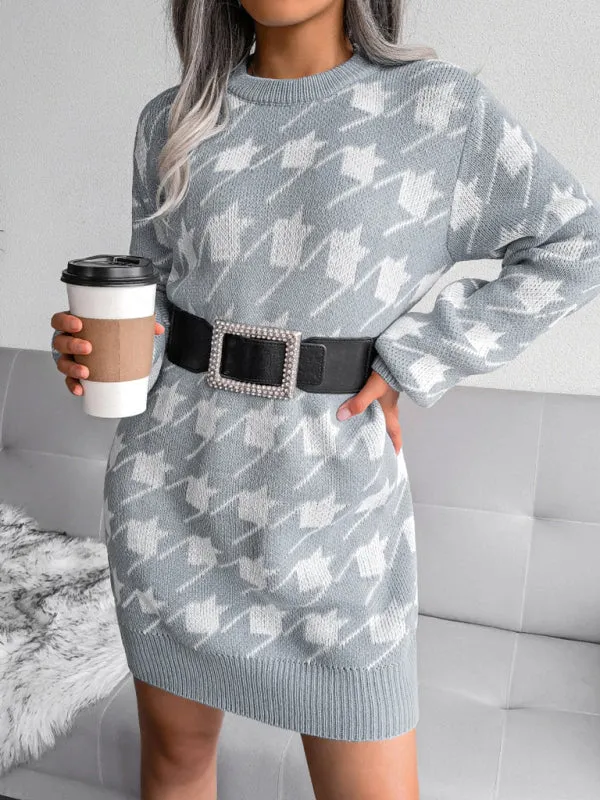 BerryBetty - Women's leisure Lantern Sleeve thousand bird lattice knitted wool sweater dress