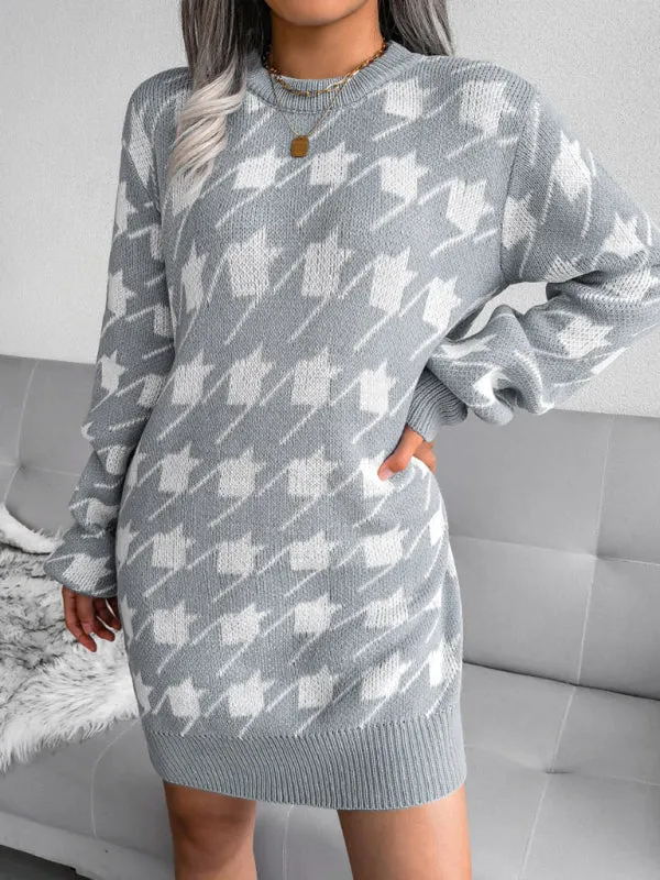 BerryBetty - Women's leisure Lantern Sleeve thousand bird lattice knitted wool sweater dress
