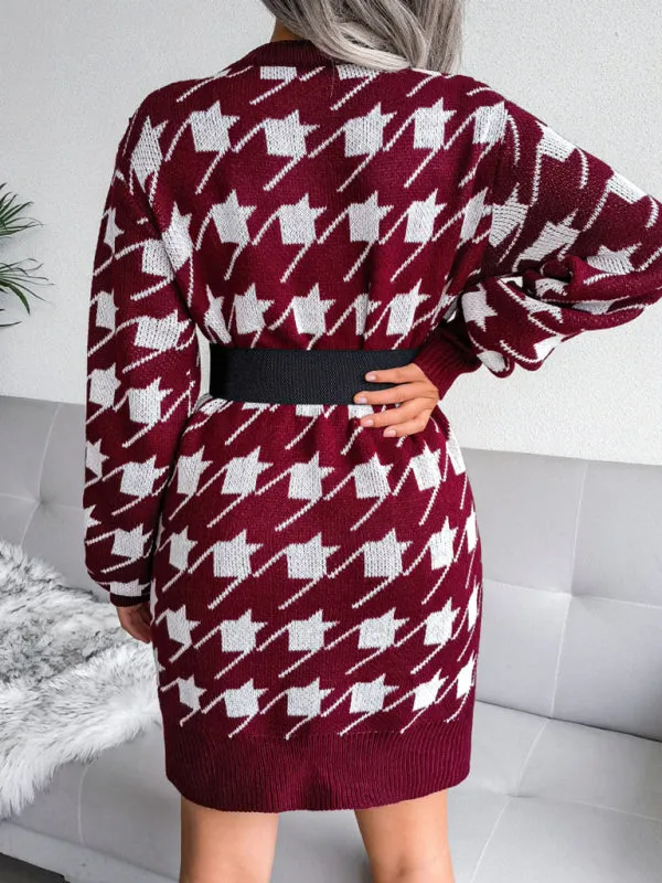 BerryBetty - Women's leisure Lantern Sleeve thousand bird lattice knitted wool sweater dress