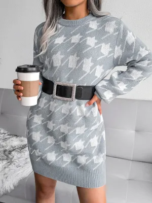 BerryBetty - Women's leisure Lantern Sleeve thousand bird lattice knitted wool sweater dress
