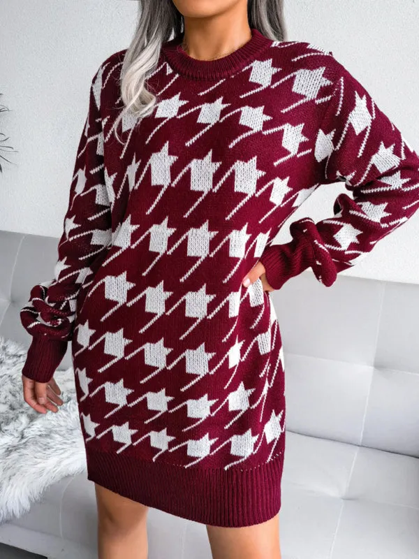BerryBetty - Women's leisure Lantern Sleeve thousand bird lattice knitted wool sweater dress