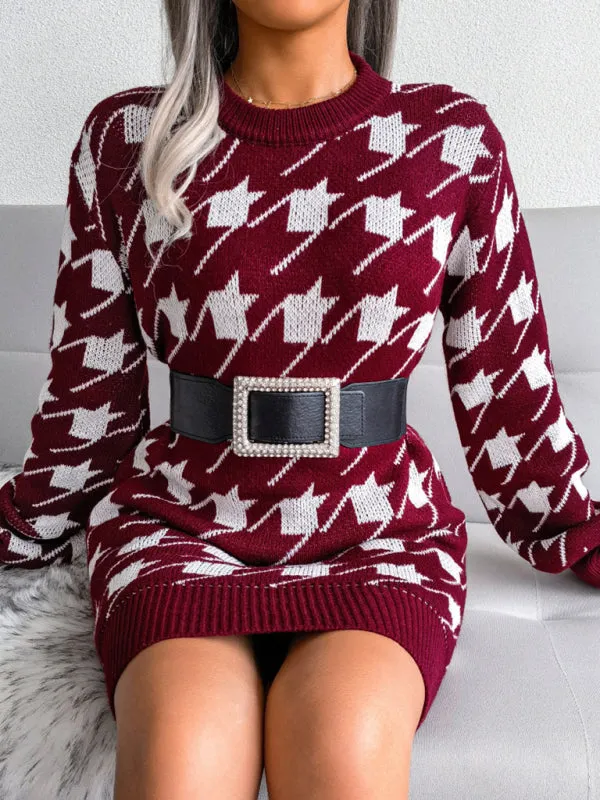 BerryBetty - Women's leisure Lantern Sleeve thousand bird lattice knitted wool sweater dress
