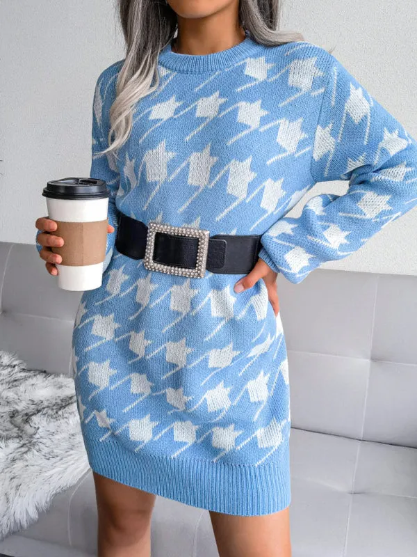 BerryBetty - Women's leisure Lantern Sleeve thousand bird lattice knitted wool sweater dress
