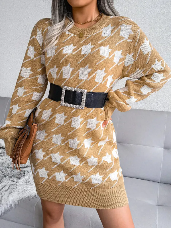 BerryBetty - Women's leisure Lantern Sleeve thousand bird lattice knitted wool sweater dress