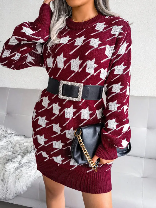 BerryBetty - Women's leisure Lantern Sleeve thousand bird lattice knitted wool sweater dress