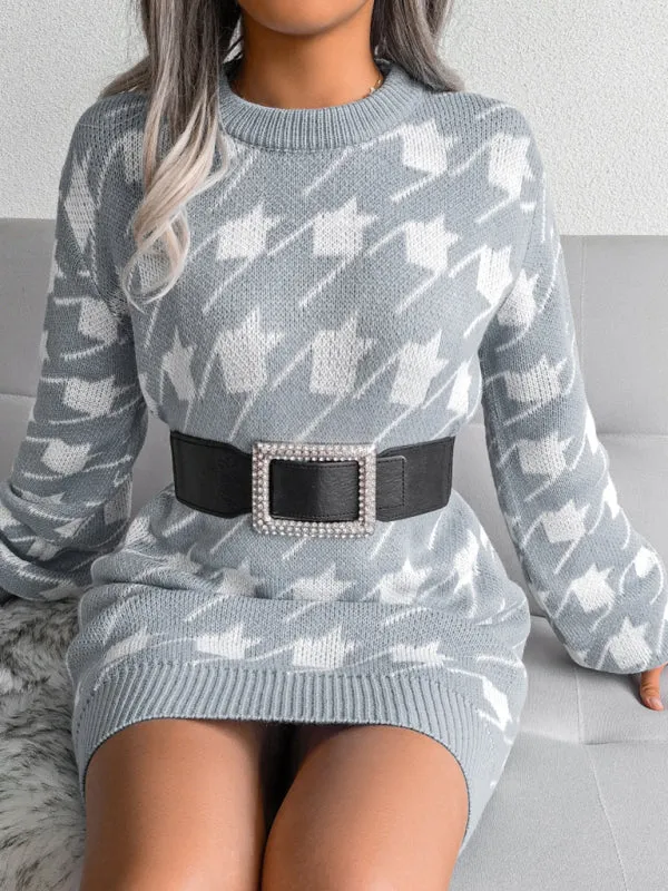 BerryBetty - Women's leisure Lantern Sleeve thousand bird lattice knitted wool sweater dress