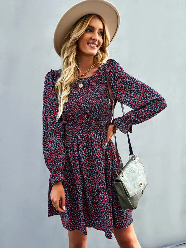 BerryBetty - Women's round neck long sleeve versatile Floral Dress