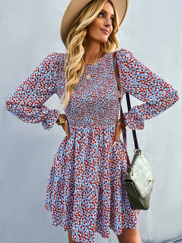 BerryBetty - Women's round neck long sleeve versatile Floral Dress