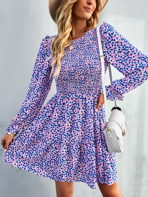 BerryBetty - Women's round neck long sleeve versatile Floral Dress