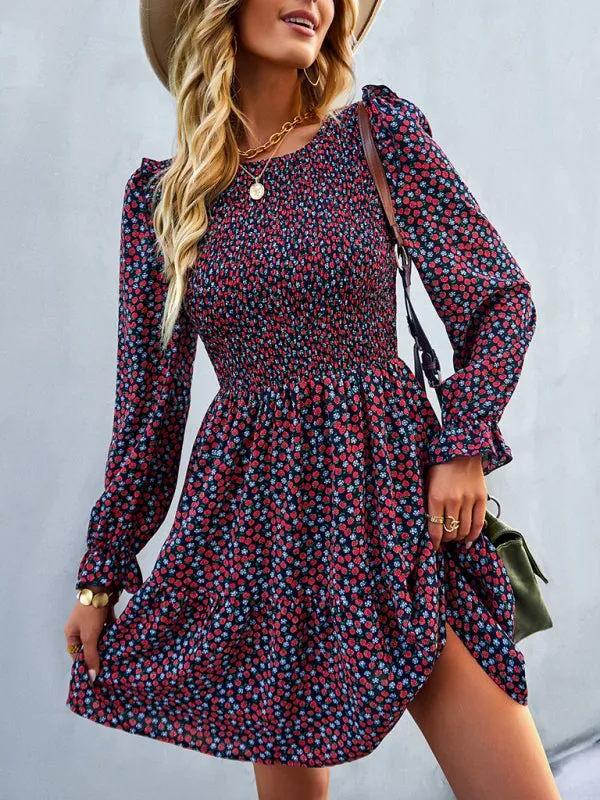 BerryBetty - Women's round neck long sleeve versatile Floral Dress