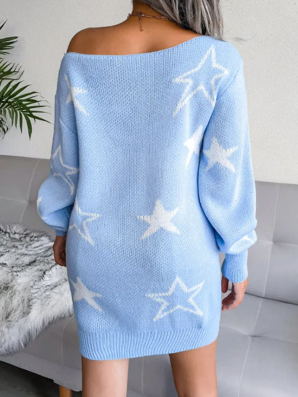 BerryBetty - Women's star straight neck off shoulder wool dress knitted sweater dress