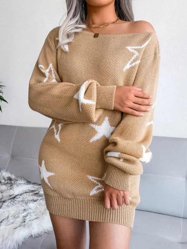 BerryBetty - Women's star straight neck off shoulder wool dress knitted sweater dress