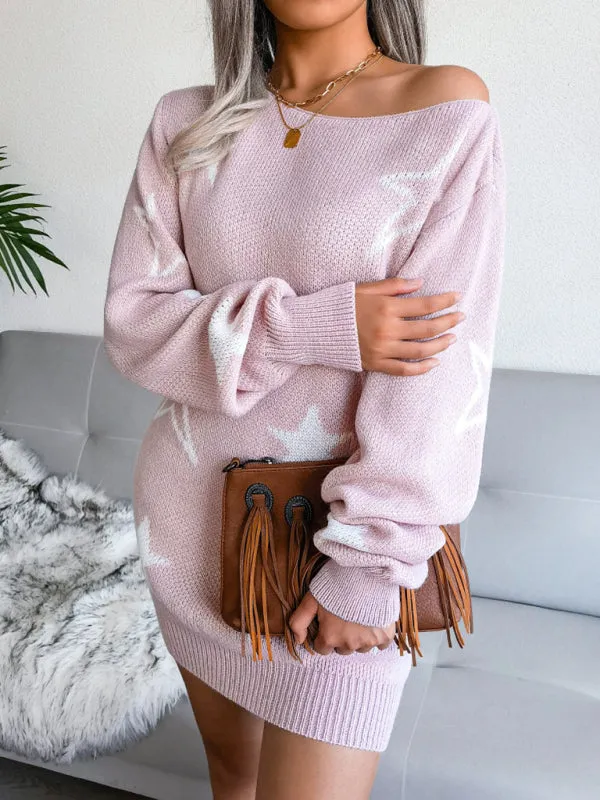 BerryBetty - Women's star straight neck off shoulder wool dress knitted sweater dress