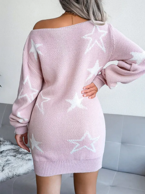 BerryBetty - Women's star straight neck off shoulder wool dress knitted sweater dress