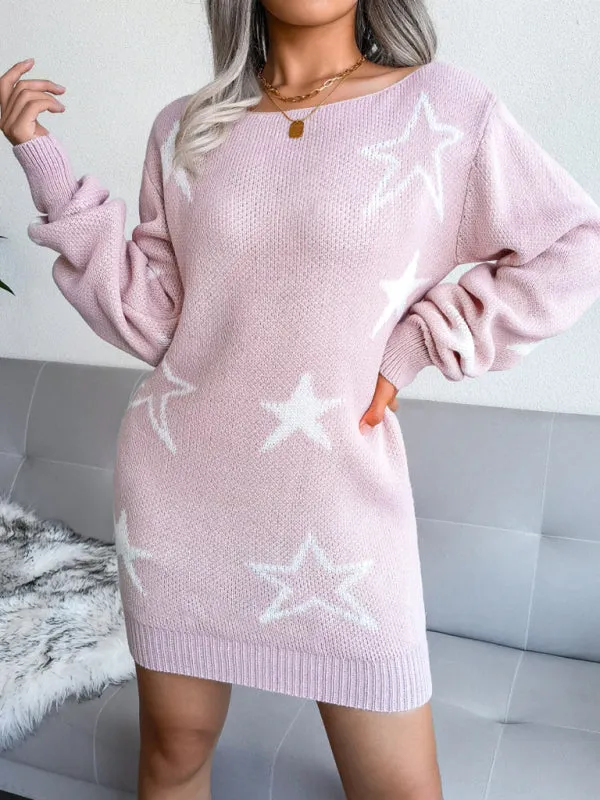 BerryBetty - Women's star straight neck off shoulder wool dress knitted sweater dress