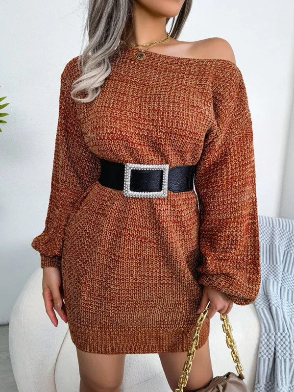 BerryBetty - Women's straight neck off shoulder colorful lantern sleeve knitted wool Sweater Dress