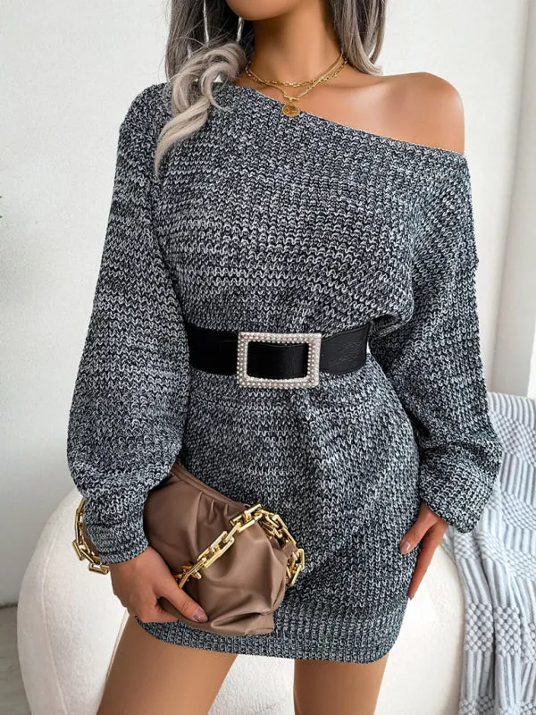 BerryBetty - Women's straight neck off shoulder colorful lantern sleeve knitted wool Sweater Dress