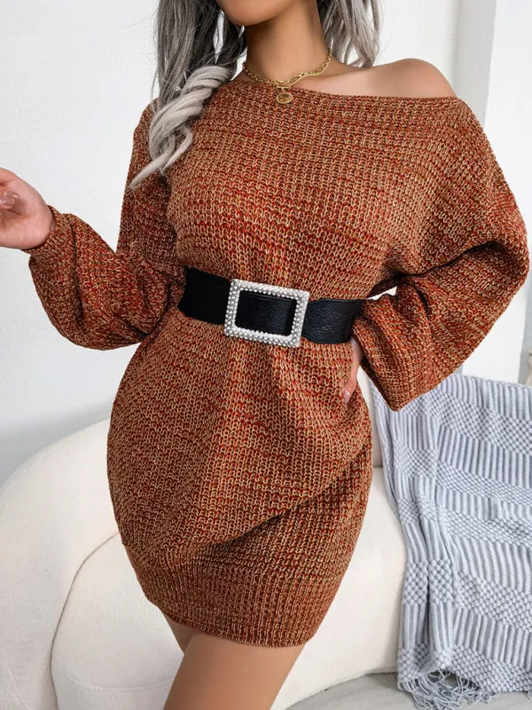 BerryBetty - Women's straight neck off shoulder colorful lantern sleeve knitted wool Sweater Dress