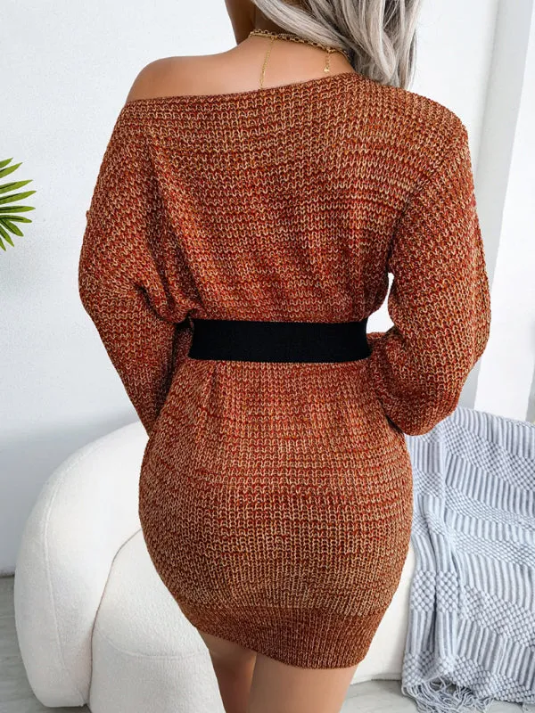BerryBetty - Women's straight neck off shoulder colorful lantern sleeve knitted wool Sweater Dress