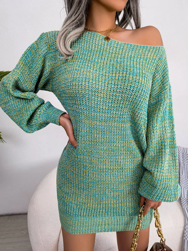 BerryBetty - Women's straight neck off shoulder colorful lantern sleeve knitted wool Sweater Dress