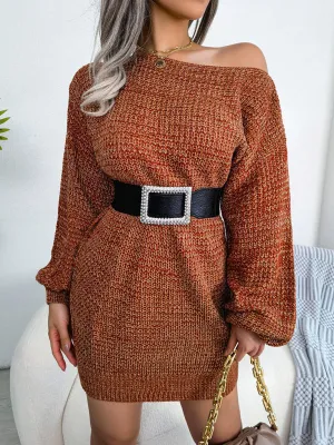 BerryBetty - Women's straight neck off shoulder colorful lantern sleeve knitted wool Sweater Dress