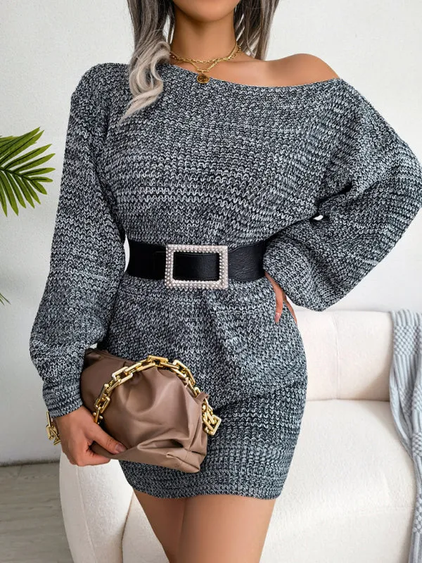 BerryBetty - Women's straight neck off shoulder colorful lantern sleeve knitted wool Sweater Dress