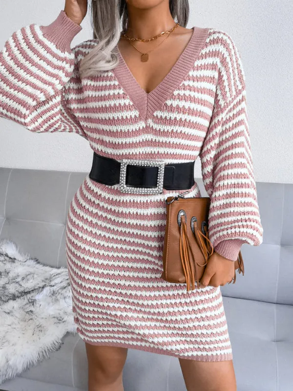 BerryBetty - Women's Striped Hollow Wool Knitted Sweater Dress