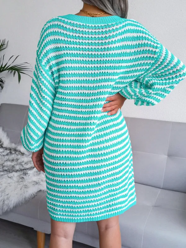 BerryBetty - Women's Striped Hollow Wool Knitted Sweater Dress