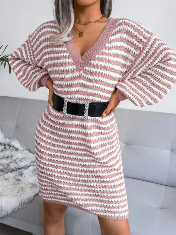 BerryBetty - Women's Striped Hollow Wool Knitted Sweater Dress