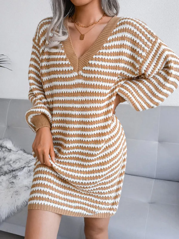 BerryBetty - Women's Striped Hollow Wool Knitted Sweater Dress
