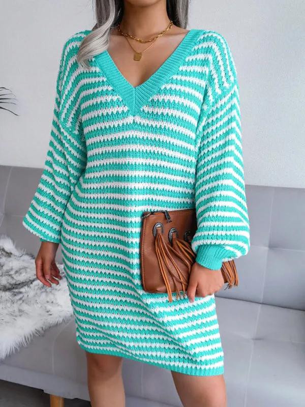 BerryBetty - Women's Striped Hollow Wool Knitted Sweater Dress