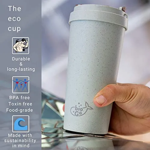 bioGo Cup | Rice Husk Fibre | BPA-Free, Double Wall Insulation Reusable Coffee Cups | Office, Car, On-The-Go Travel Mug | Screw Tight Lid, Secure Mouthpiece | Textured Grip | (Gray, 16oz)