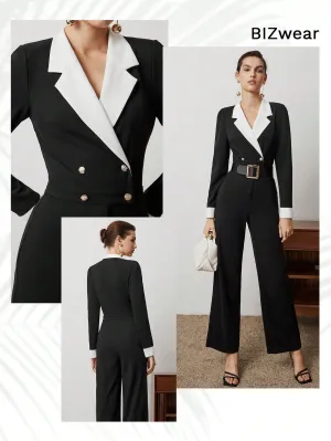 BIZwear Ladies' Contrast Color Double Breasted Jumpsuit Office Wear