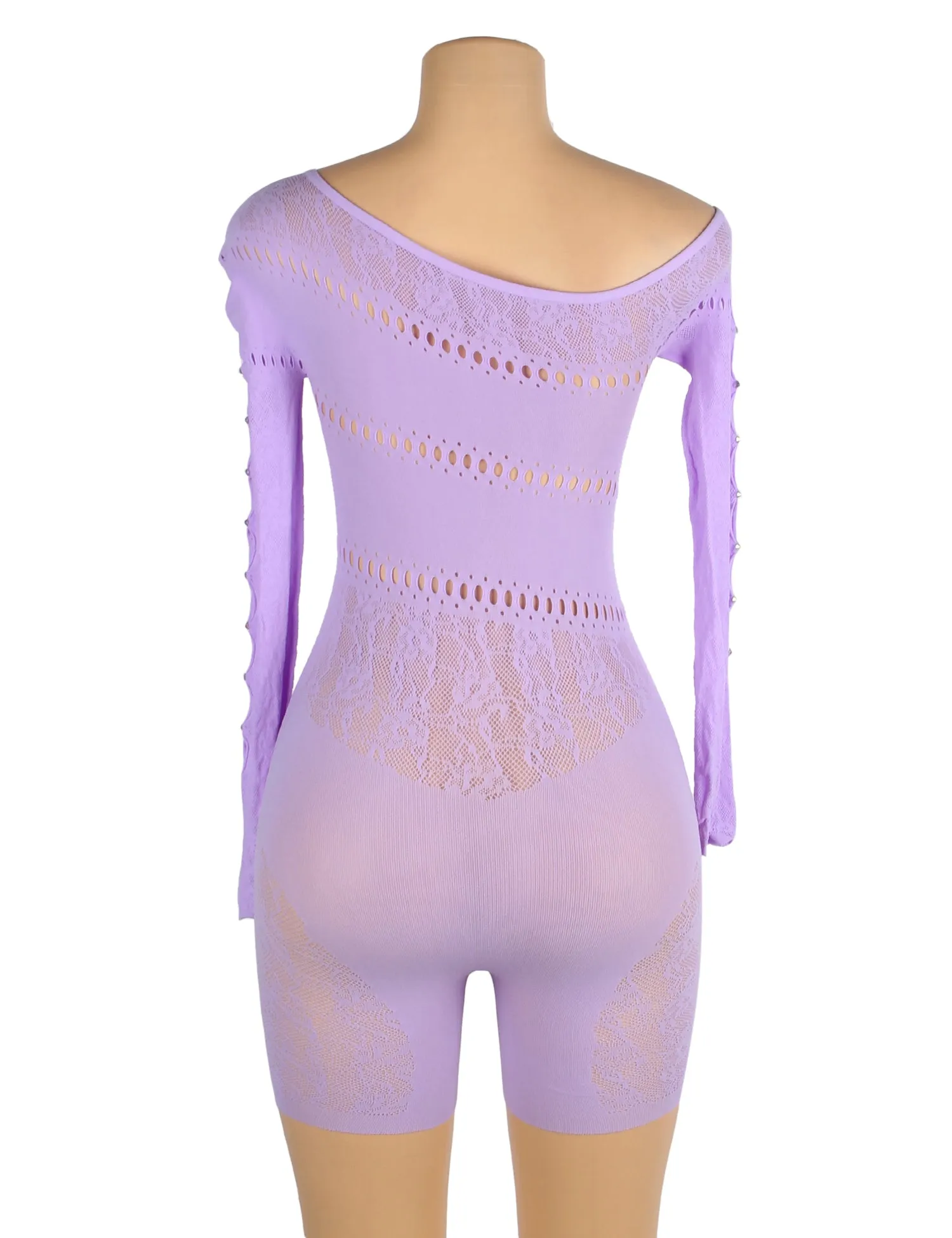 Black & Purple Long-Sleeved One Shoulder Sexy Mesh Bodystocking