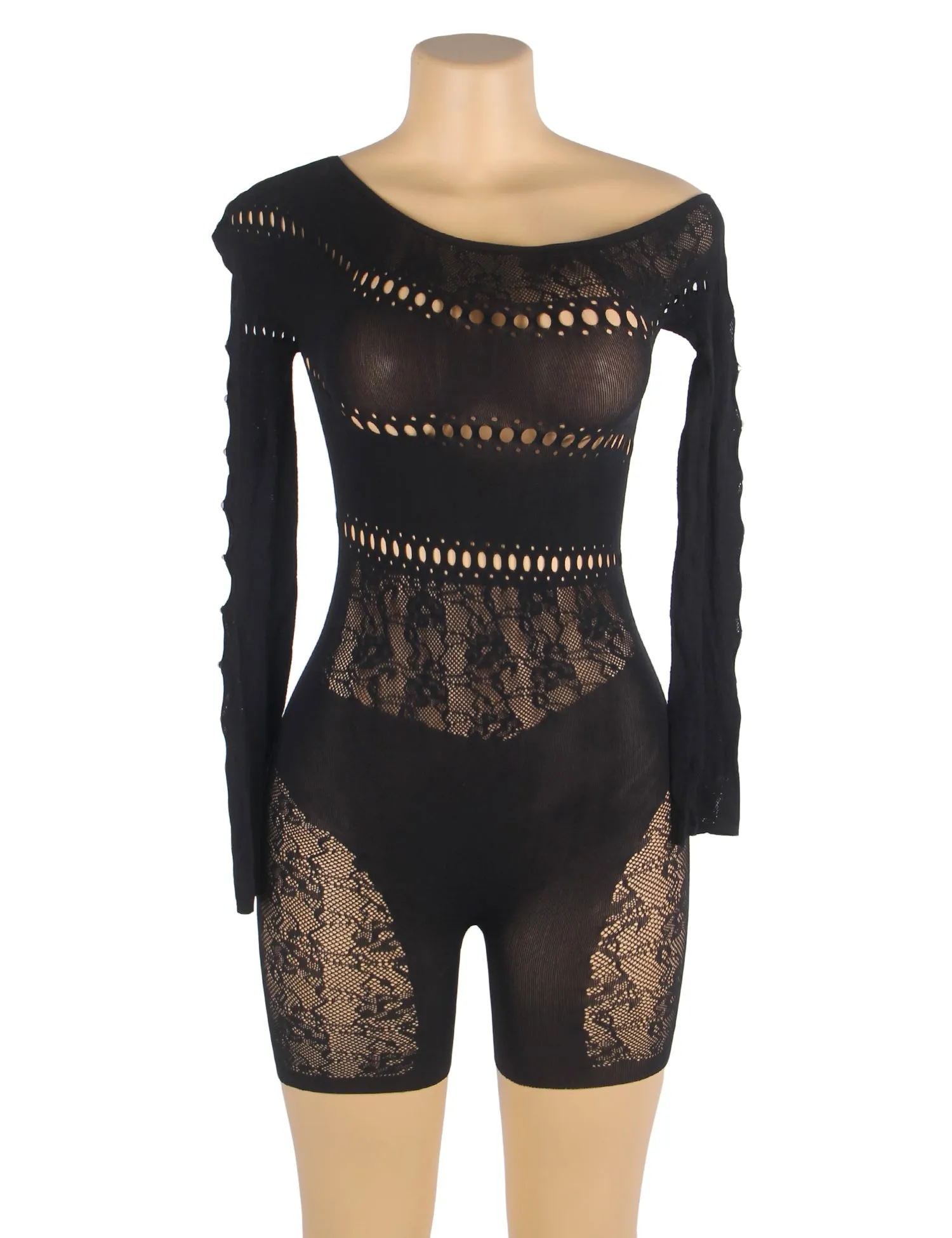 Black & Purple Long-Sleeved One Shoulder Sexy Mesh Bodystocking