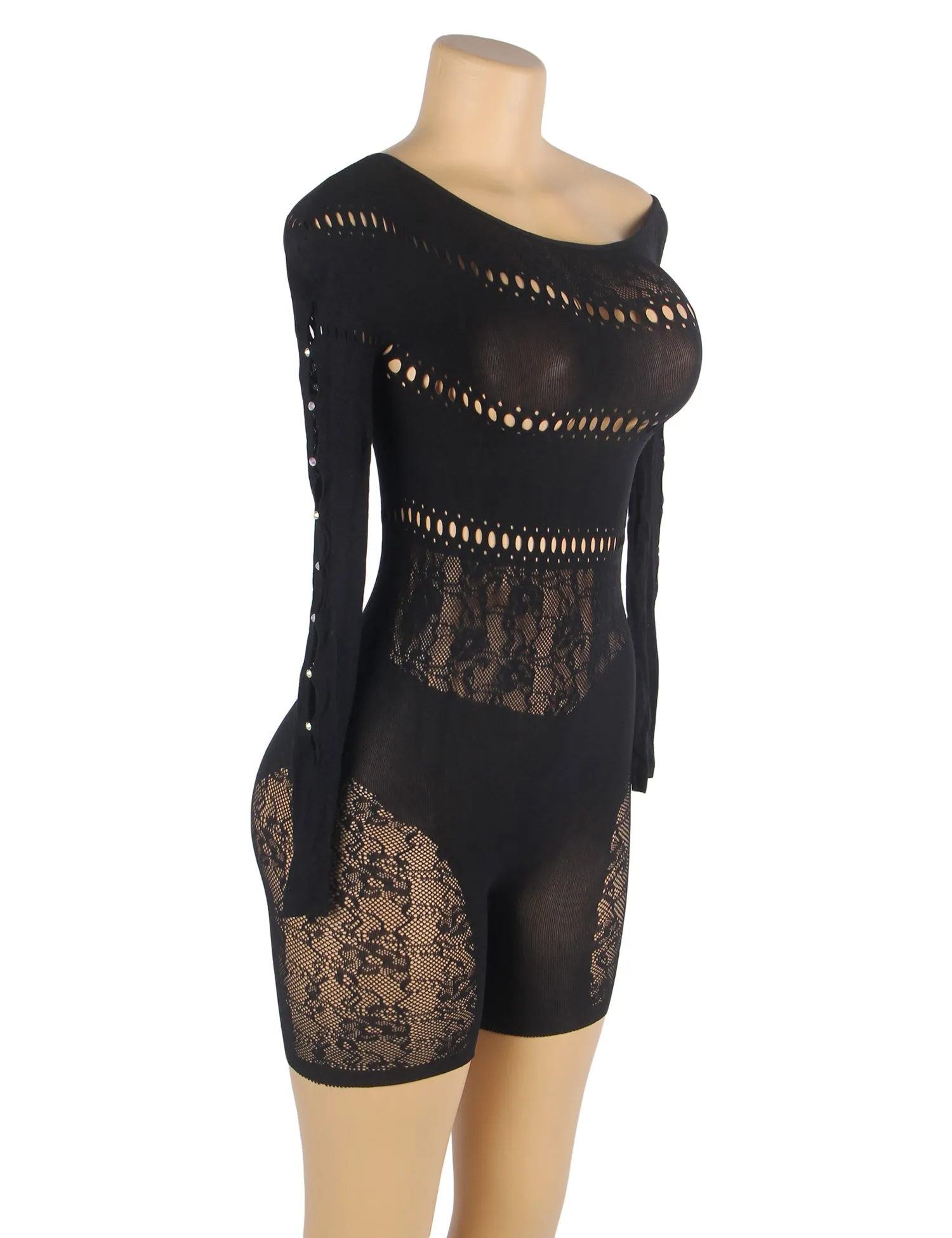 Black & Purple Long-Sleeved One Shoulder Sexy Mesh Bodystocking