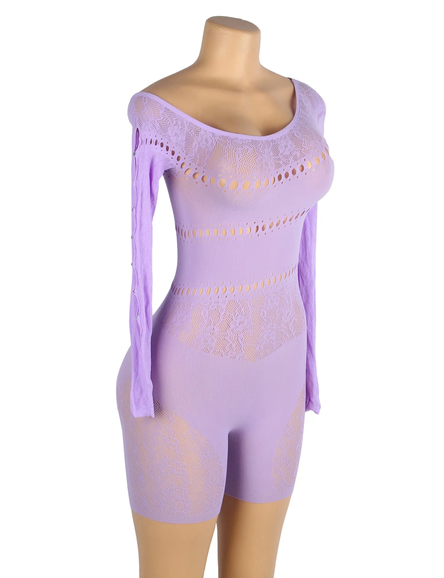 Black & Purple Long-Sleeved One Shoulder Sexy Mesh Bodystocking