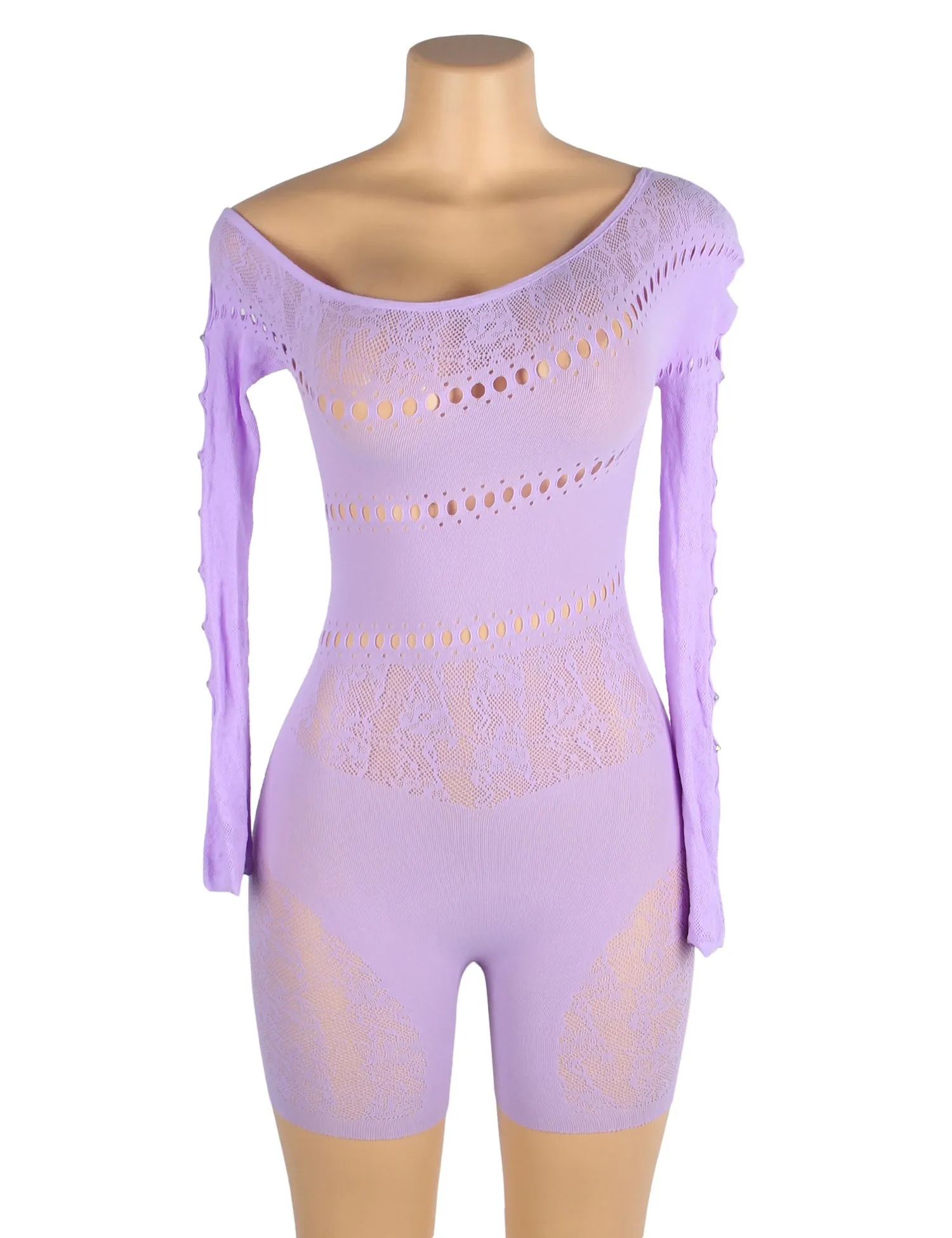 Black & Purple Long-Sleeved One Shoulder Sexy Mesh Bodystocking