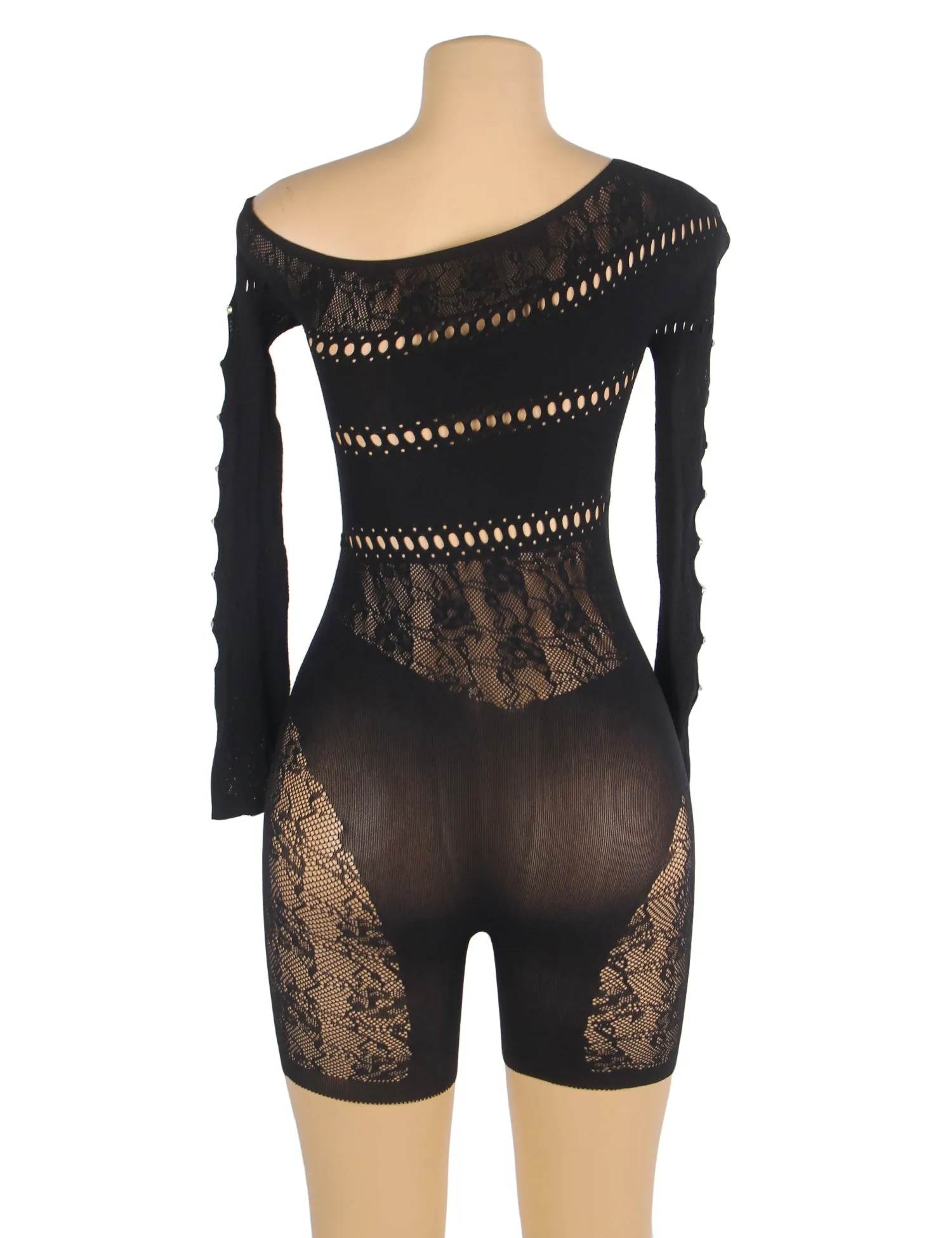 Black & Purple Long-Sleeved One Shoulder Sexy Mesh Bodystocking