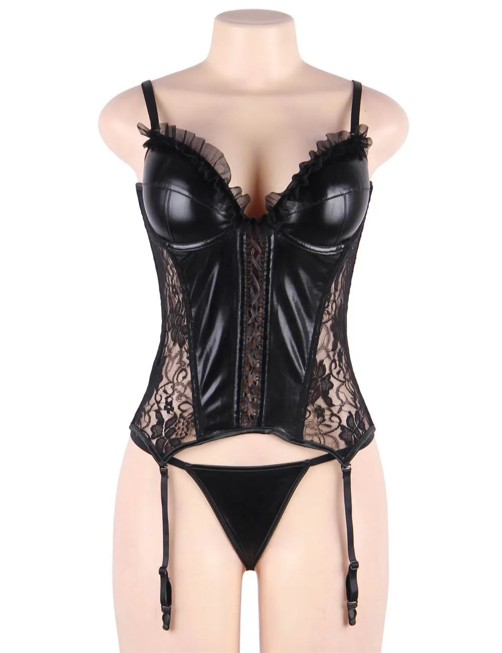 Black Cute Lace Leather Stitching Sexy Corset