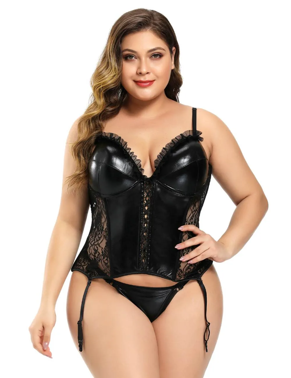 Black Cute Lace Leather Stitching Sexy Corset