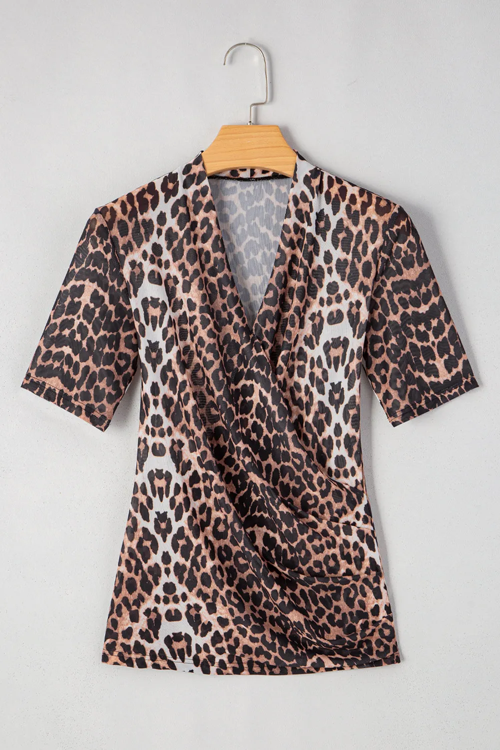 Black Leopard Wrapped V Neck Slim Short Sleeve Top
