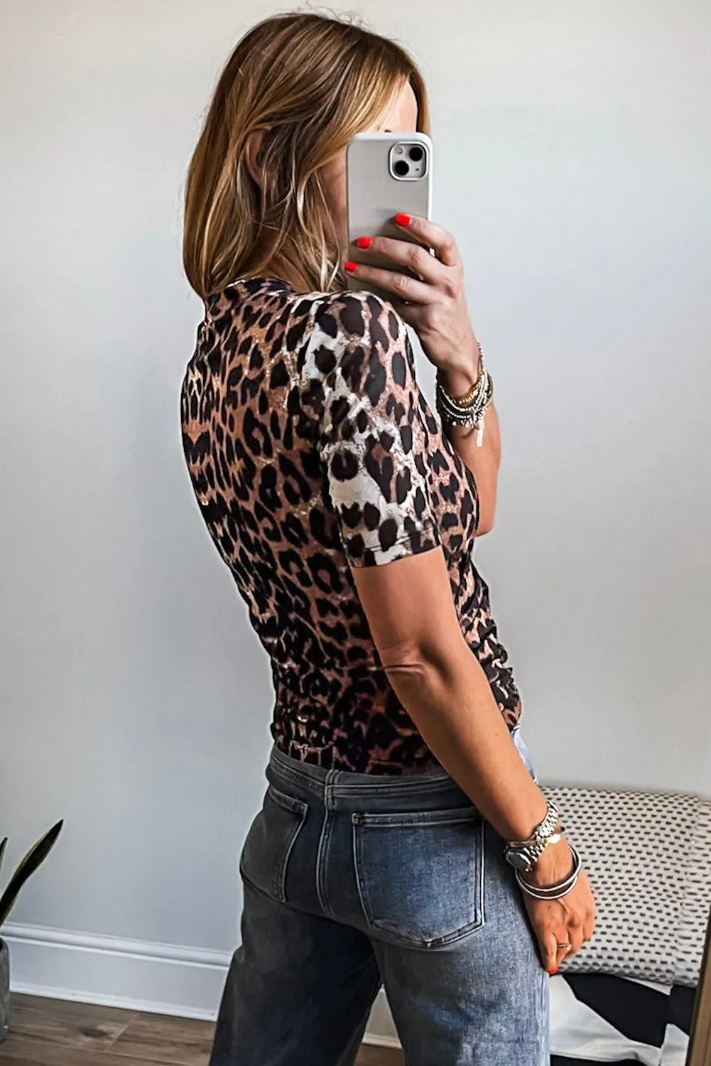 Black Leopard Wrapped V Neck Slim Short Sleeve Top