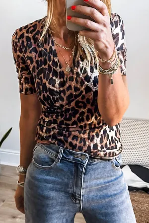 Black Leopard Wrapped V Neck Slim Short Sleeve Top