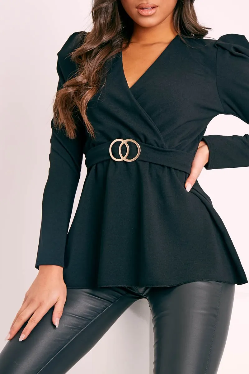 Black Plunging Double Circle Belt Puff Shoulder Blouse - Catia