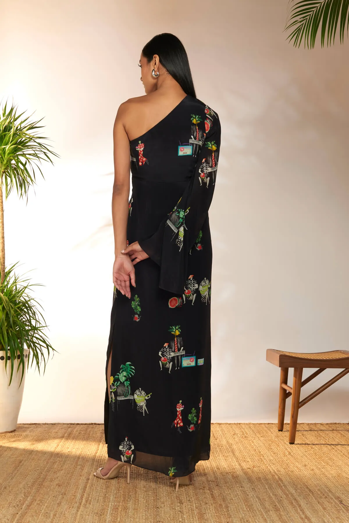 Black tropicool one shoulder dress