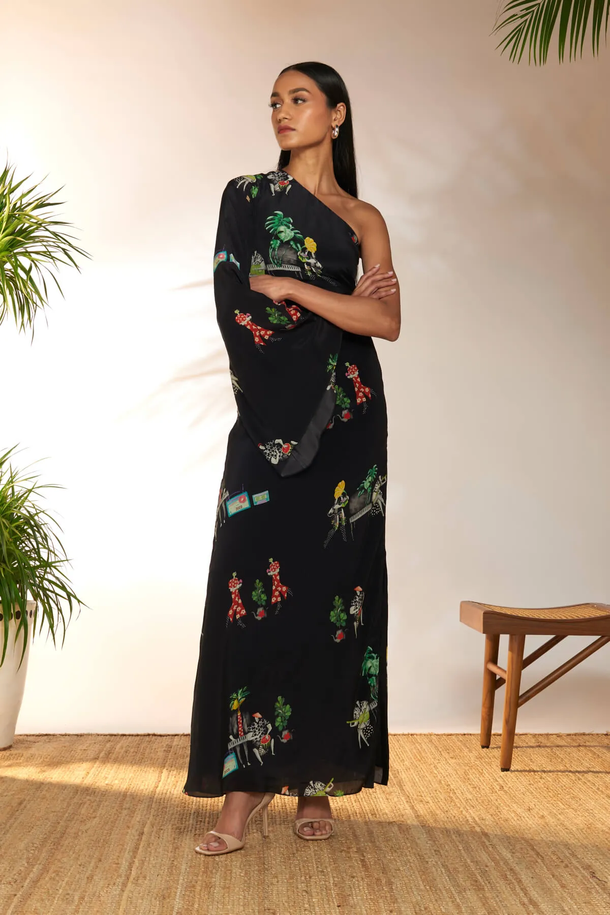 Black tropicool one shoulder dress