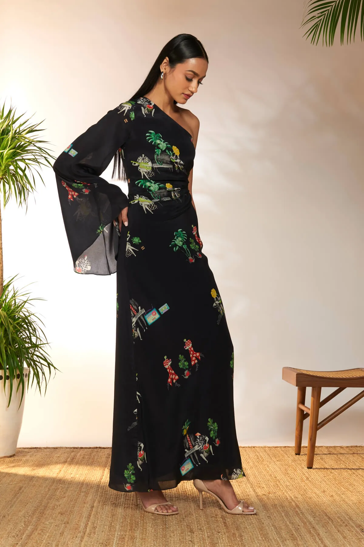 Black tropicool one shoulder dress